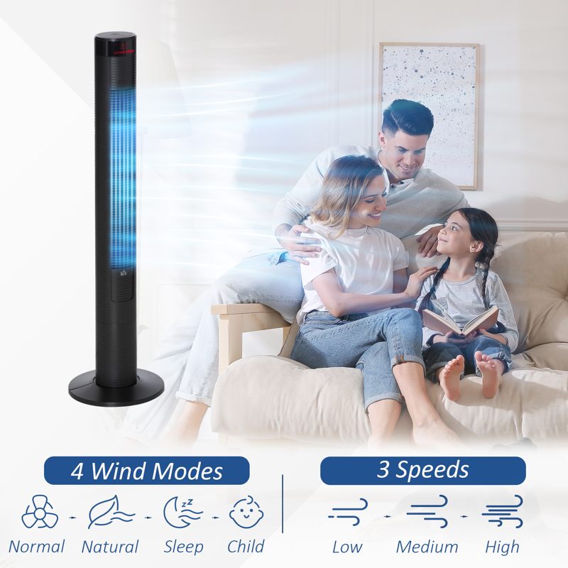 HOMCOM 46" Oscillating Tower Fan with Remote Control, 12H Timer, 3 Speed, 4 Modes, Quiet Cooling Fans, Electric Floor Standing Fan for Home Bedroom Office, Black