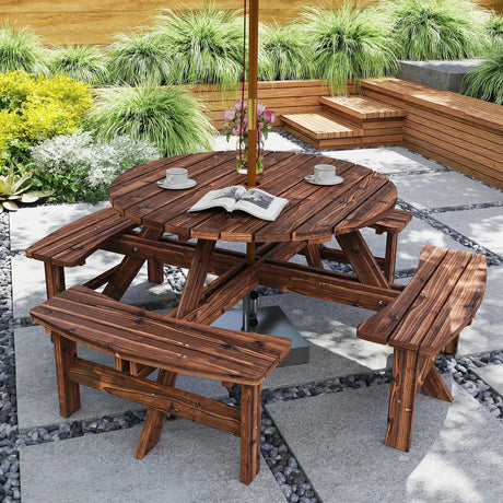 Outsunny Wooden Garden Dining Set, 8 Seater Patio Furniture Set with Round Picnic Table, Parasol Hole for Outdoor Garden, Tan