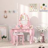 AIYAPLAY Kids Dressing Table Set, Vanity Table with Stool, Mirror, Drawer, Desktop, Storage, Strawberry-Theme, Pink