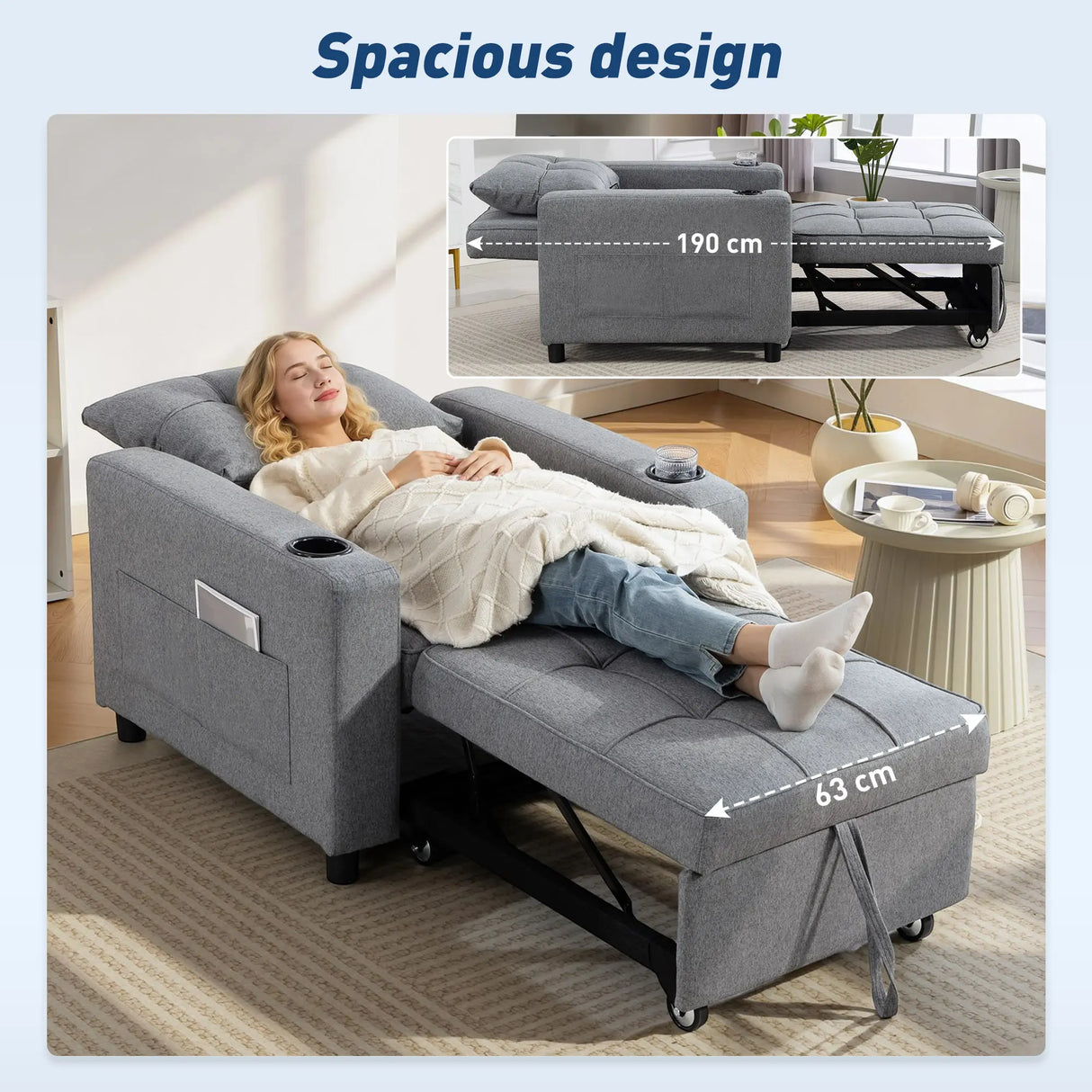HOMCOM 3-in-1 Single Sofa Bed, Convertible Sleeper Chair Bed - Dark Grey