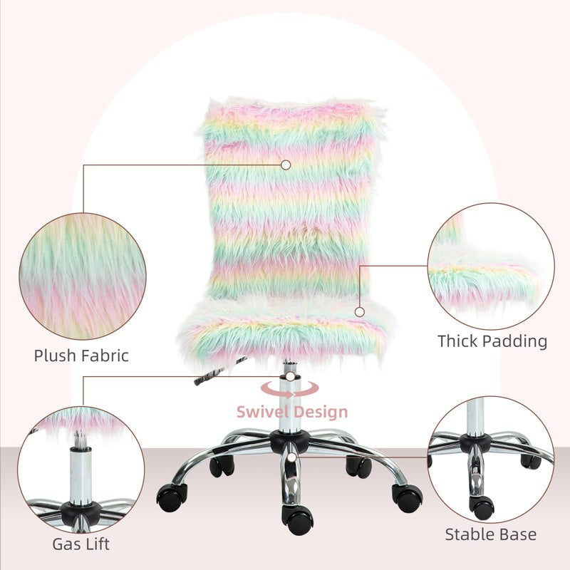 HOMCOM Fluffy Desk Chair, Armless Students Chair, Makeup Vanity Chair with Adjustable Height, Rolling Wheels for Home Study Bedroom, Unicorn Tone