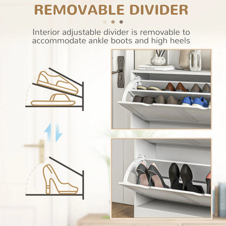 HOMCOM 2 Drawers Entryway Shoe Cabinet, Narrow Shoe Storage Cabinet with 2 Flip Drawers, Louvred Door Design and Adjustable Shelves for 16 Pairs of Shoes, White