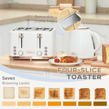 HOMCOM Kettle and Toaster Sets, 3000W 1.7L Rapid Boil Kettle & 4 Slice Toaster with 7 Browning Controls, Defrost, Reheat and Crumb Tray, Otter thermostat, Cream White