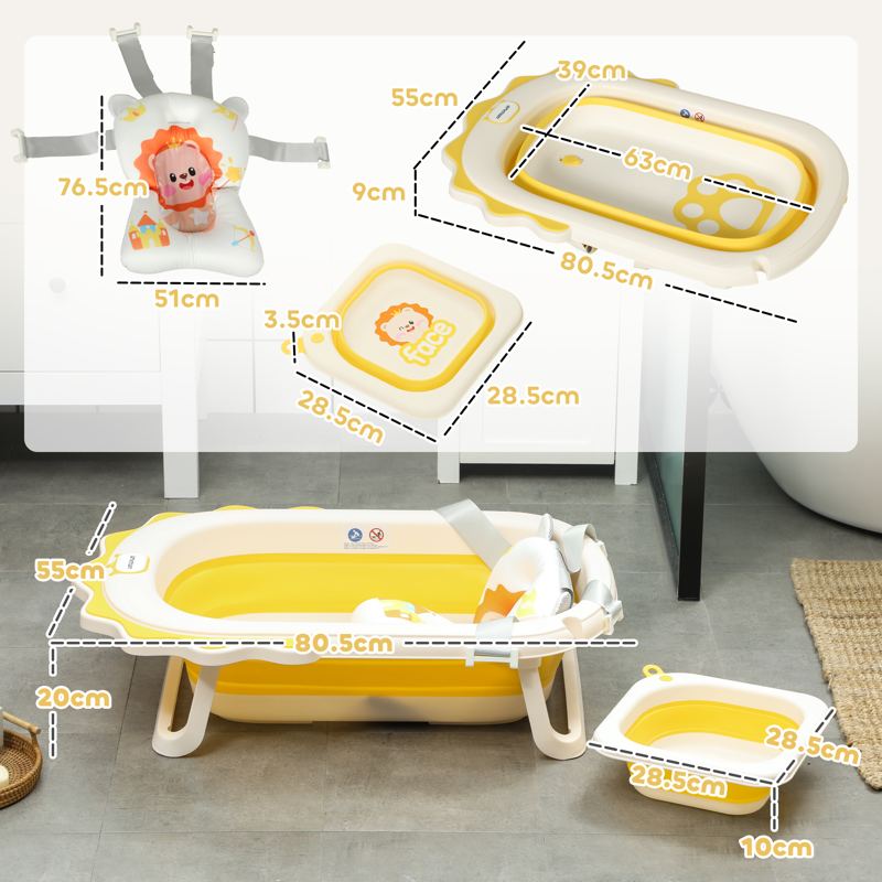 AIYAPLAY Foldable Baby Bath Tub Set with Bath Cushion, Wash Basin, Non-slip Stand & Bottom, Yellow