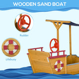 Outsunny Kids Wooden Sandpit, Children Sandbox Pirate Ship, Sandboat Play Station for Outdoor w/ Canopy Shade Storage Bench Bottom Liner