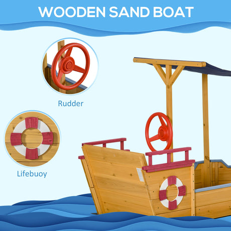 Outsunny Kids Wooden Sandpit, Children Sandbox Pirate Ship, Sandboat Play Station for Outdoor w/ Canopy Shade Storage Bench Bottom Liner