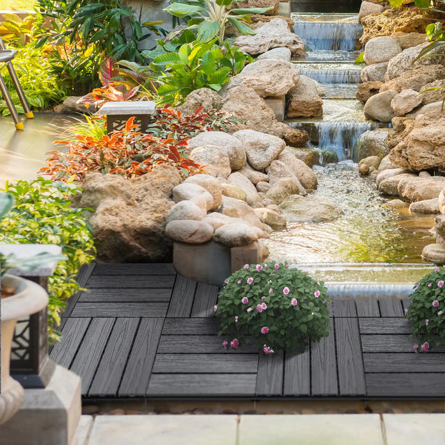 Outsunny WPC Interlocking Decking Tiles, Pack of 11 Interlocking Patio Paving Slabs, 30 x 30 x 2.2 cm, Grey