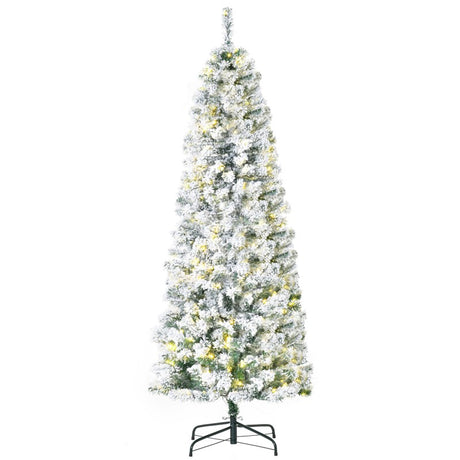 HOMCOM 6FT Prelit Artificial Snow Flocked Christmas Tree with Warm White LED Light, Holiday Home Xmas Decoration, Green White