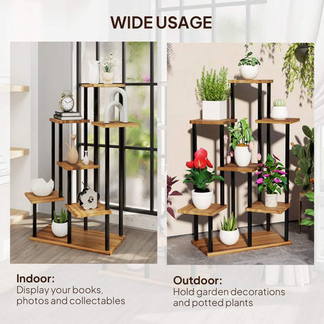 Outsunny 7 Tier Plant Stand Indoor Outdoor, Tiered Corner Steel Wood Plant Shelf for Multiple Plants, Tall Flower Stand Display Rack for Garden Patio Balcony Living Room, Carbonised Finish