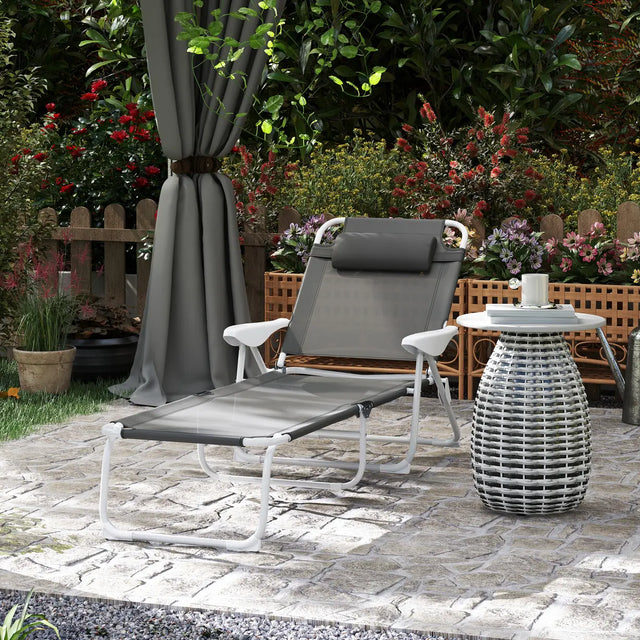 Outsunny Foldable Lounge Chair with 4-Level Adjustable Backrest & Headrest - Charcoal Grey
