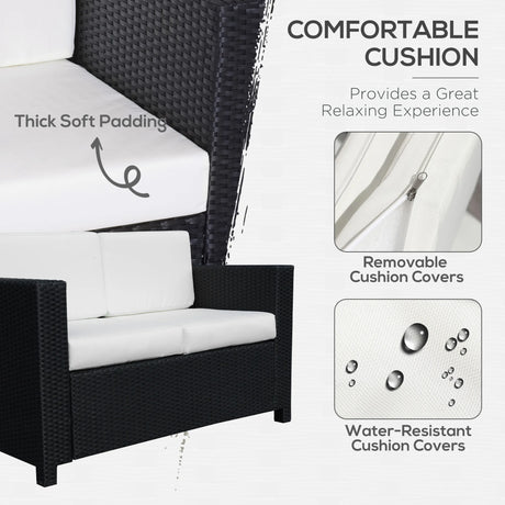 Outsunny Rattan Sofa, 2 Seater Garden Furniture with Soft Padded Cushion and Armrests, Wicker Garden Loveseat for Patio, Black