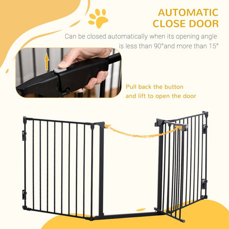 PawHut Pet Safety Gate, 3 Panels Playpen Fireplace, Metal Fence, Stair Barrier, Room Divider w/ Walk-Through Door - Black