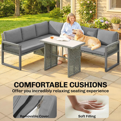 Outsunny 6 Seater Rattan Garden Furniture Set with 3 Loveseats, Table, Patio Rattan Furniture Corner Sofa Set, Grey