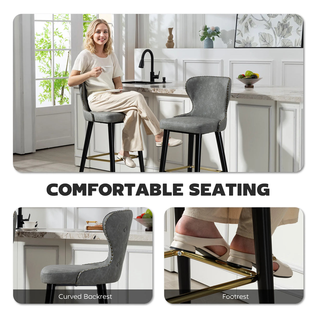 HOMCOM Bar Stools Set of 2, PU Leather Barstools with Back, Footrest and Wood Legs for Kitchen, Counter, Breakfast Bar, Grey