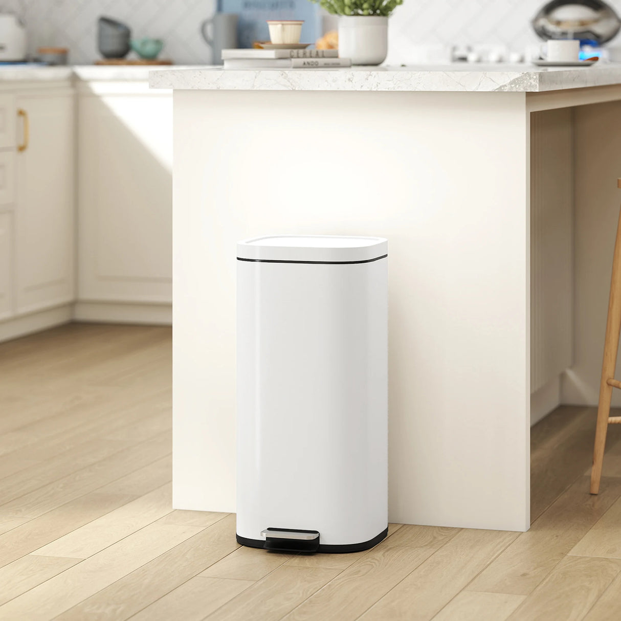 HOMCOM 30L Kitchen Bin, Compact Pedal Bin with Soft-Close and Stay-Open Lid, Removable Bucket for Kitchen, Home, Office, Cream