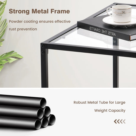Modern 2-Tier Square Glass Coffee Table with Mesh Shelf-Transparent