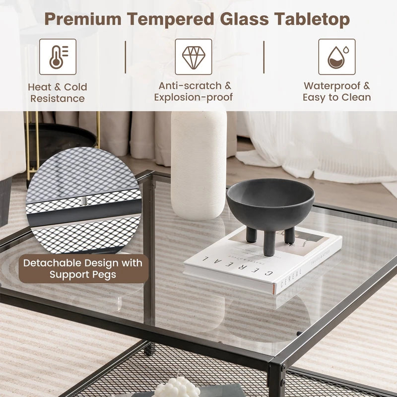Modern 2-Tier Square Glass Coffee Table with Mesh Shelf-Gray