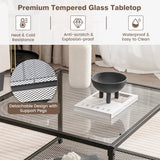 Modern 2-Tier Square Glass Coffee Table with Mesh Shelf-Gray