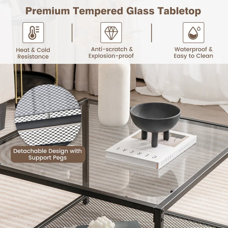 Modern 2-Tier Square Glass Coffee Table with Mesh Shelf-Gray