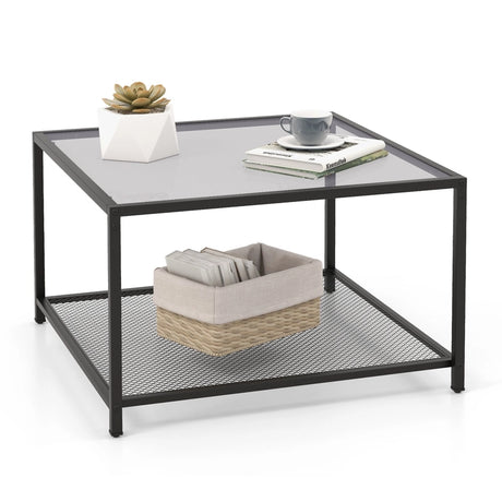 Modern 2-Tier Square Glass Coffee Table with Mesh Shelf-Gray
