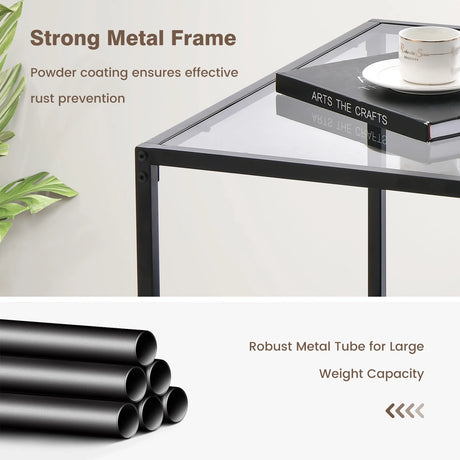 Modern 2-Tier Square Glass Coffee Table with Mesh Shelf-Gray