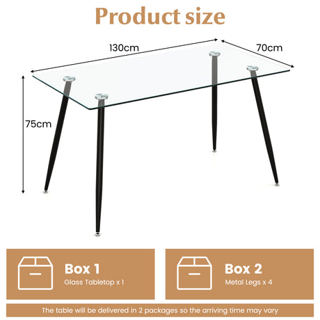 Modern Glass Rectangular Dining Table with Metal Legs-Black