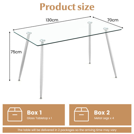 Modern Glass Rectangular Dining Table with Metal Legs-Silver