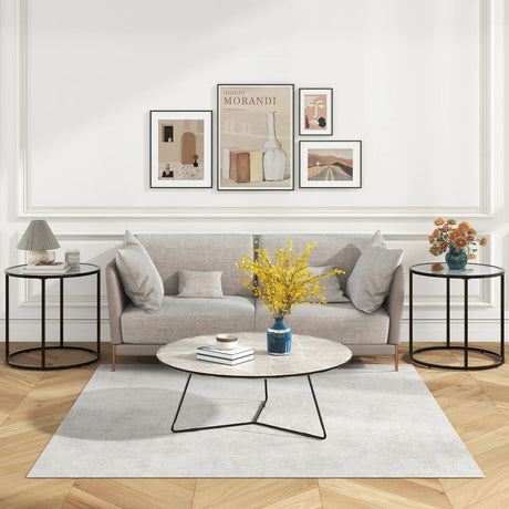 20 Inch Glass End Table with Metal Frame and Faux Marble Glass Top-Black and White