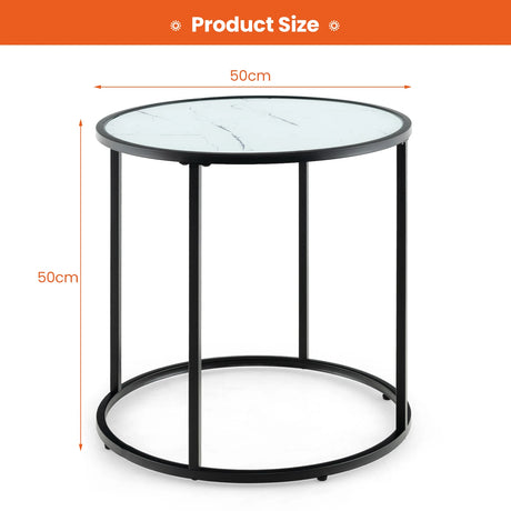 20 Inch Glass End Table with Metal Frame and Faux Marble Glass Top-Black and White