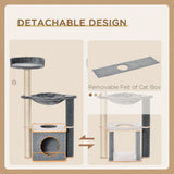 PawHut Cat Tree for Indoor Cats 95cm Climbing Tower Kitten Activity Center with Sisal Scratching Post Perch Roomy Condo Hammock Removable Felt Hanging Toy, Grey