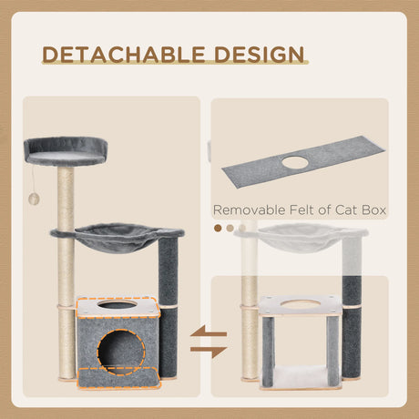 PawHut Cat Tree for Indoor Cats 95cm Climbing Tower Kitten Activity Center with Sisal Scratching Post Perch Roomy Condo Hammock Removable Felt Hanging Toy, Grey