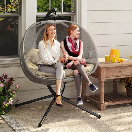 Outsunny Double Hanging Egg Chair 2 Seaters Texteline Swing Hammock Chair with Stand, Cushion and Folding Design, for Indoor and Outdoor, Brown