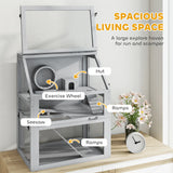 PawHut Wooden Hamster Cage with Detachable 32cm Deep Bottom, Hut, Seesaw, Exercise Wheel, Ramp, 60 x 40 x 75cm, Light Grey