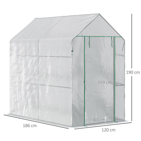 Outsunny Walk In Greenhouse with 2-Tier Shelves, Roll up Zip Panel Door, Garden Polytunnel Steeple Grow House for Outdoor, 6 x 4 x 6ft White