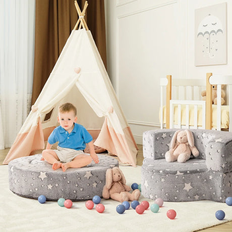2-in-1 Toddler Chair Glow in the Dark Kids Couch with Removable and Washable Cover-Grey