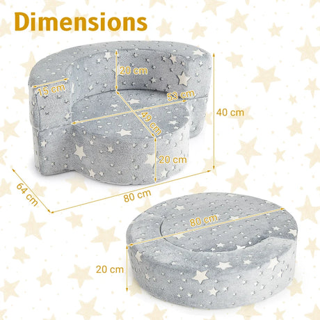 2-in-1 Toddler Chair Glow in the Dark Kids Couch with Removable and Washable Cover-Grey
