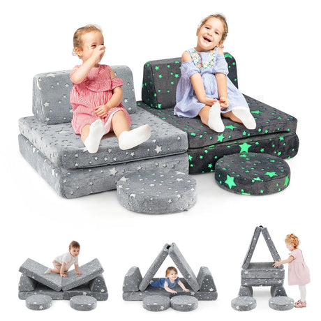 Modular Kids Play Couch Set with Machine-washable Flannel Covers-Grey