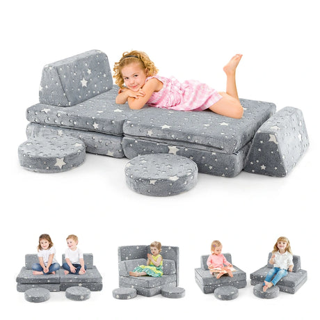 Modular Kids Play Couch Set with Machine-washable Flannel Covers-Grey