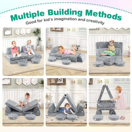 Modular Kids Play Couch Set with Machine-washable Flannel Covers-Grey