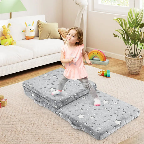 Foldable Floor Mattress with Washable Flannel Cover and Storage Bag-Grey