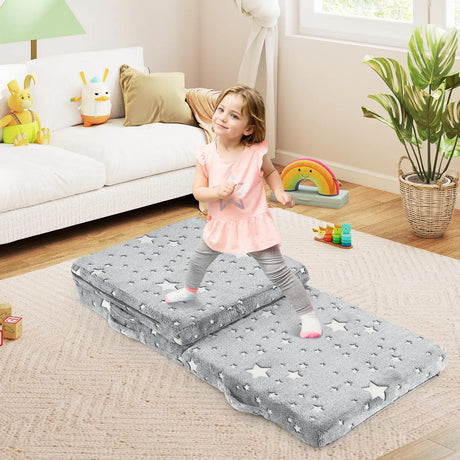 Foldable Floor Mattress with Washable Flannel Cover and Storage Bag-Grey