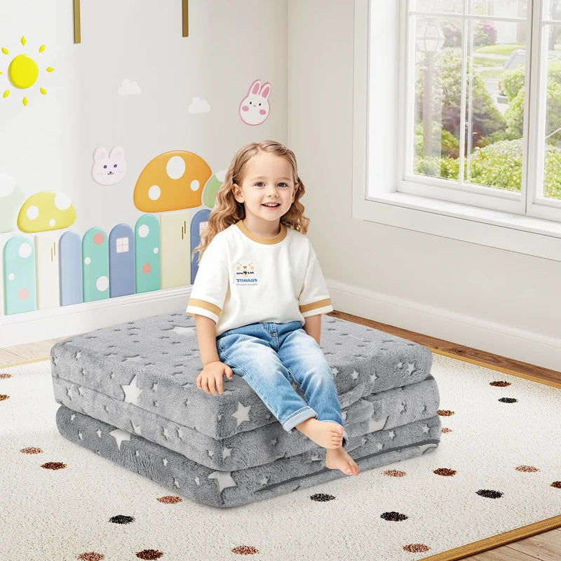 Foldable Floor Mattress with Washable Flannel Cover and Storage Bag-Grey