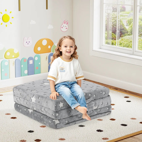 Foldable Floor Mattress with Washable Flannel Cover and Storage Bag-Grey