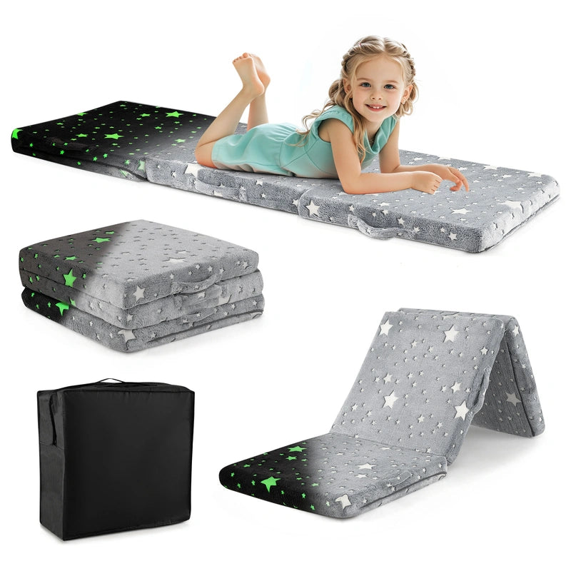Foldable Floor Mattress with Washable Flannel Cover and Storage Bag-Grey