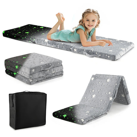 Foldable Floor Mattress with Washable Flannel Cover and Storage Bag-Grey