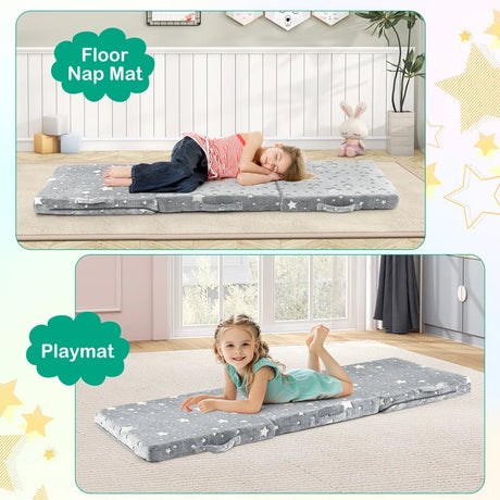 Foldable Floor Mattress with Washable Flannel Cover and Storage Bag-Grey