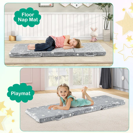 Foldable Floor Mattress with Washable Flannel Cover and Storage Bag-Grey