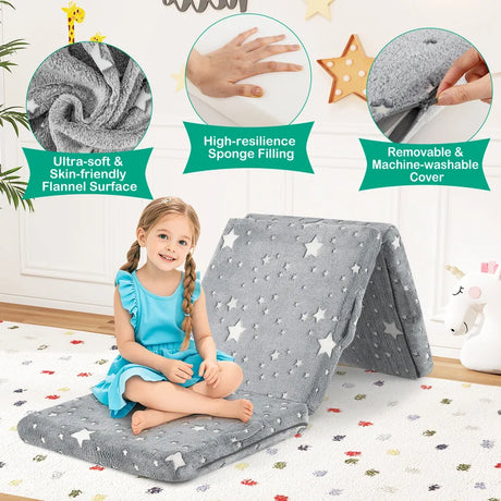 Foldable Floor Mattress with Washable Flannel Cover and Storage Bag-Grey