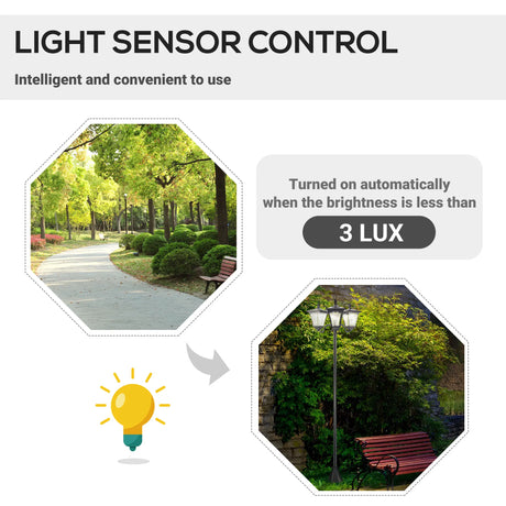 Outsunny 1.8m Traditional Victorian Style 3 Way Head Outdoor Garden Solar Post Lamp Sensor Dimmable LED Lantern Bollard Pathway IP44  Black