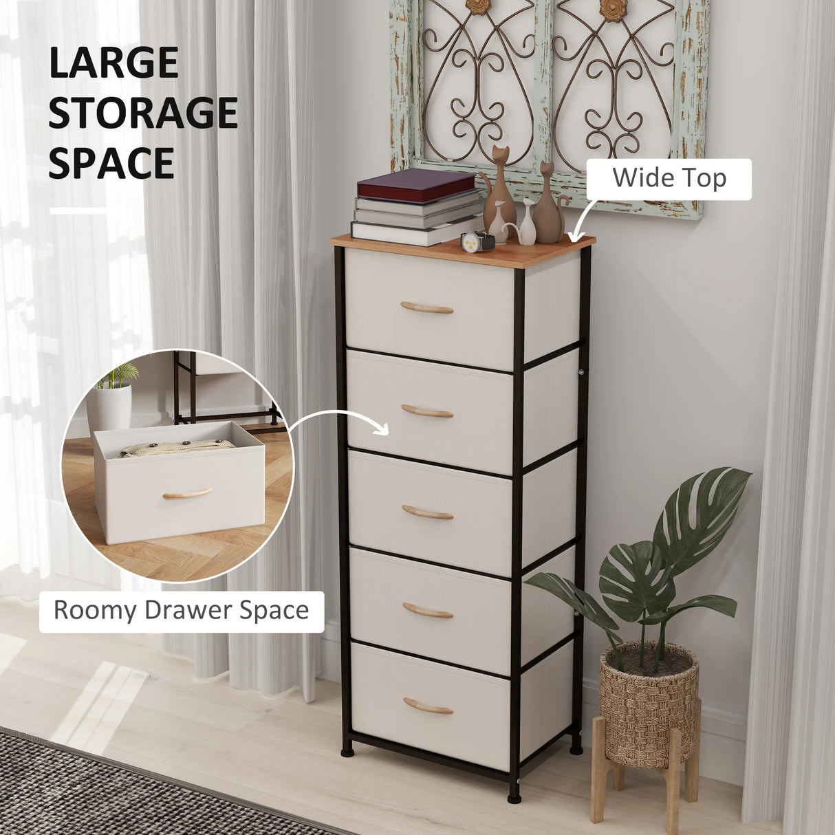 HOMCOM Fabric Chest of Drawers, Industrial Bedroom Dresser with 5 Fabric Drawers, Steel Frame and Wooden Top for Nursery, Living Room, Hallway, Cream White